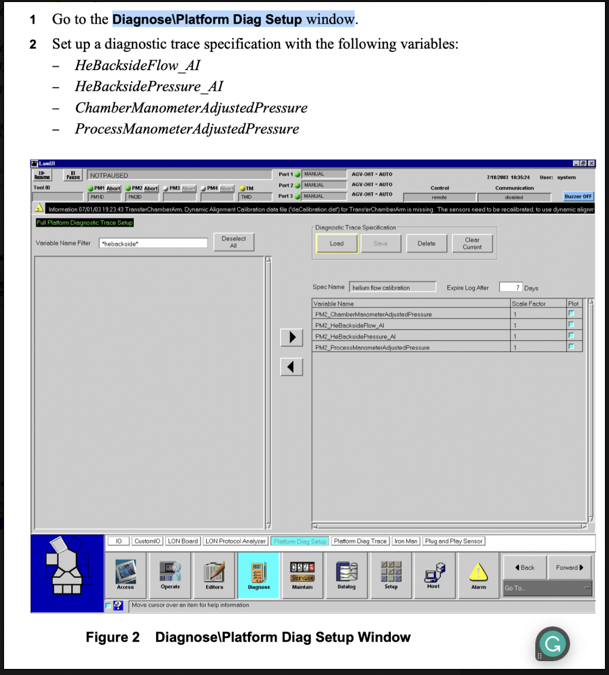 Platform diag setup window